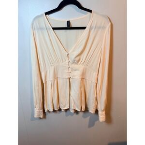 YAS Cream V Neck Button‎ Cottage Peplum Blouse Long Sleeve Women's Size Large